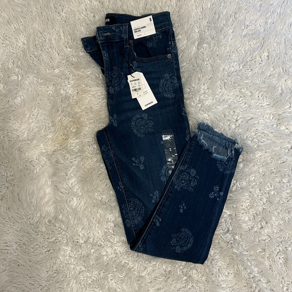 Express Jeans - Cropped legging - blue with small print - size 8 - stretchy